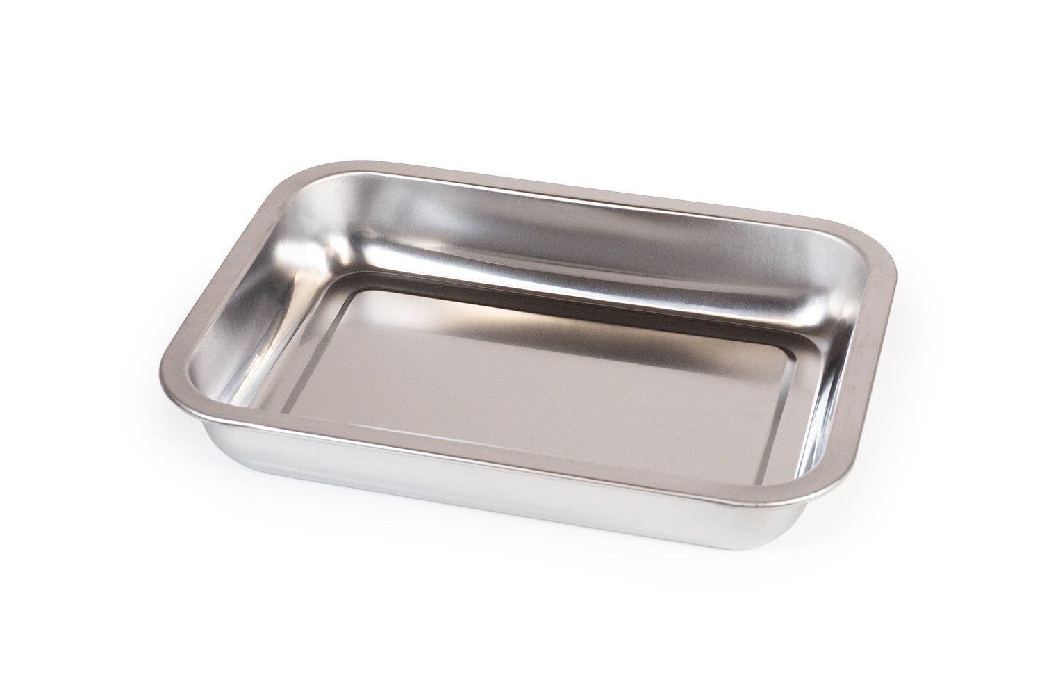 Stainless steel dissecting pan is easily cleaned and stackable.