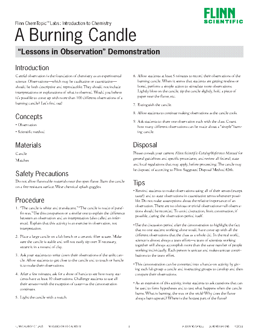 A Burning Candle “Lessons in Observation” Demonstration—ChemTopic™ Lab