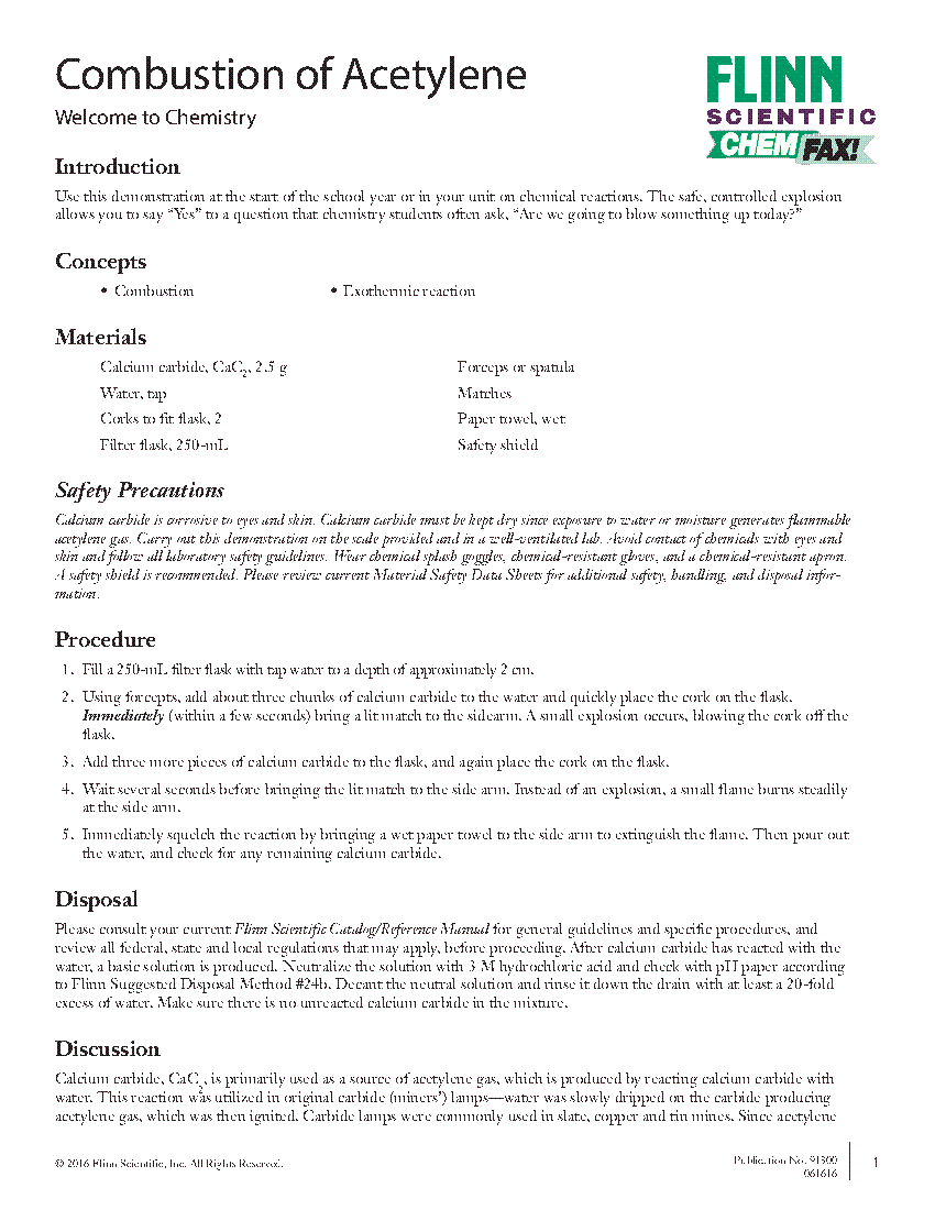 Combustion of Acetylene Flinn Scientific
