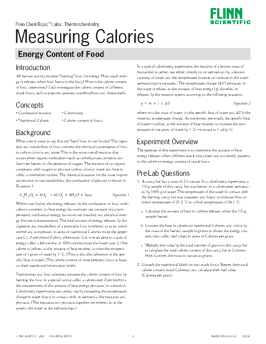 Measuring Calories Energy Content of Food—ChemTopic™ Lab Activity