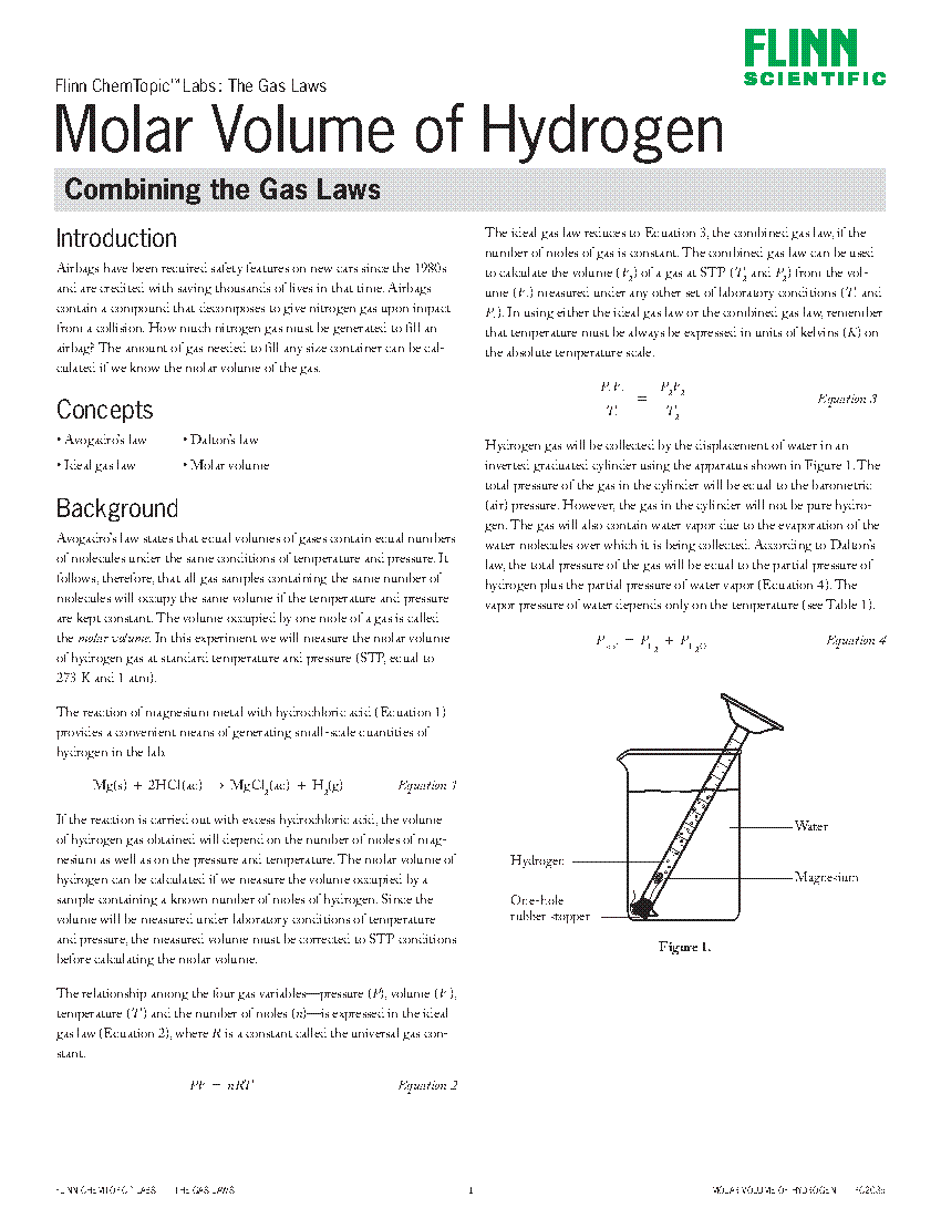 Molar Volume of Hydrogen Combining the Gas Laws—ChemTopic™ Lab
