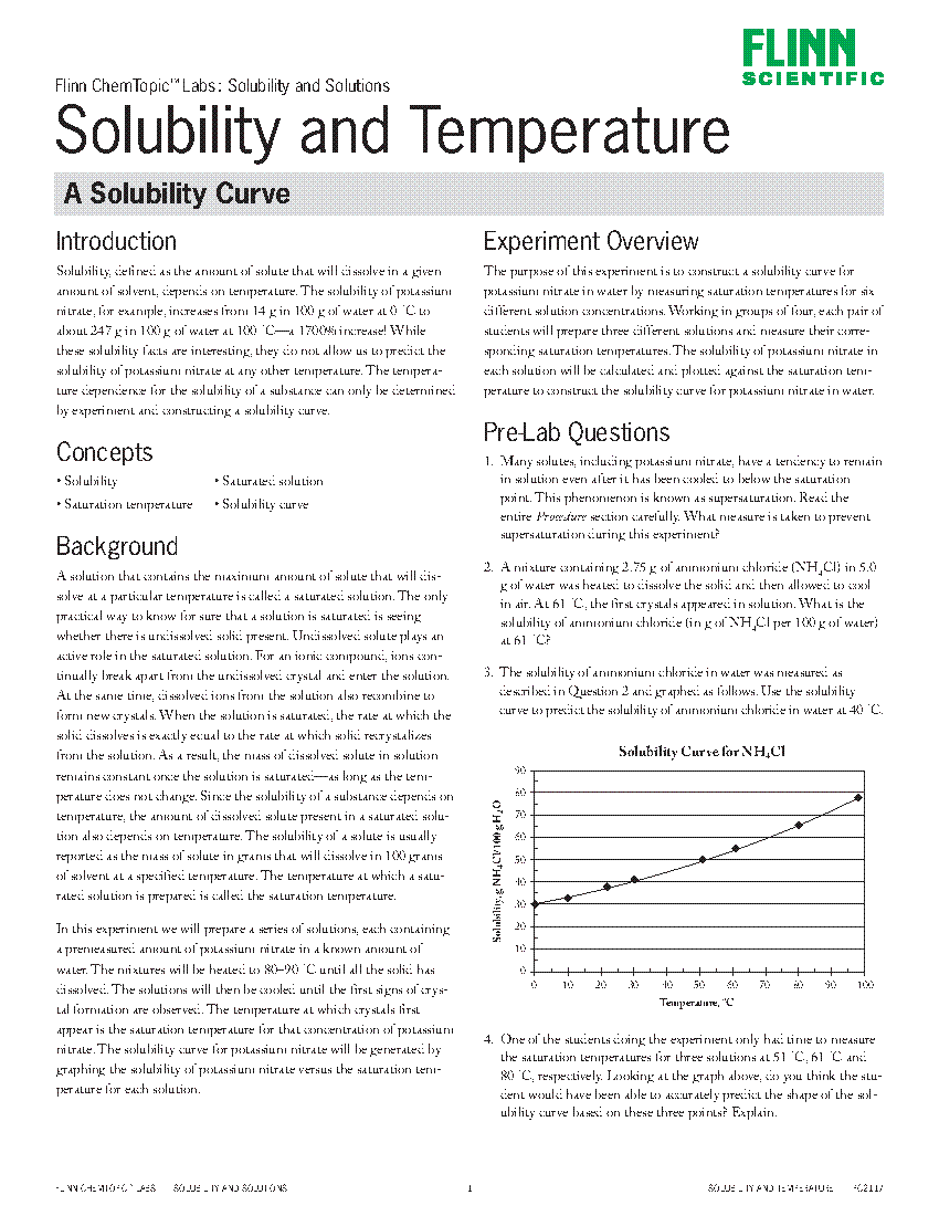 Solubility and Temperature A Solubility Curve—ChemTopic™ Lab Activity