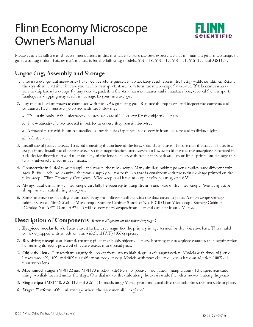 Flinn Economy Microscope Owner's Manual | Flinn Scientific