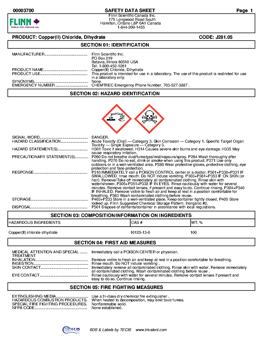 Copper(II) Chloride Dihydrate | Flinn Scientific