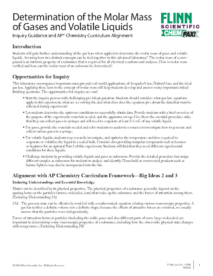 Molar Mass Gases & Volatile Liquids Inquiry Guidance/AP* Chem Curriculum Alignment Transition