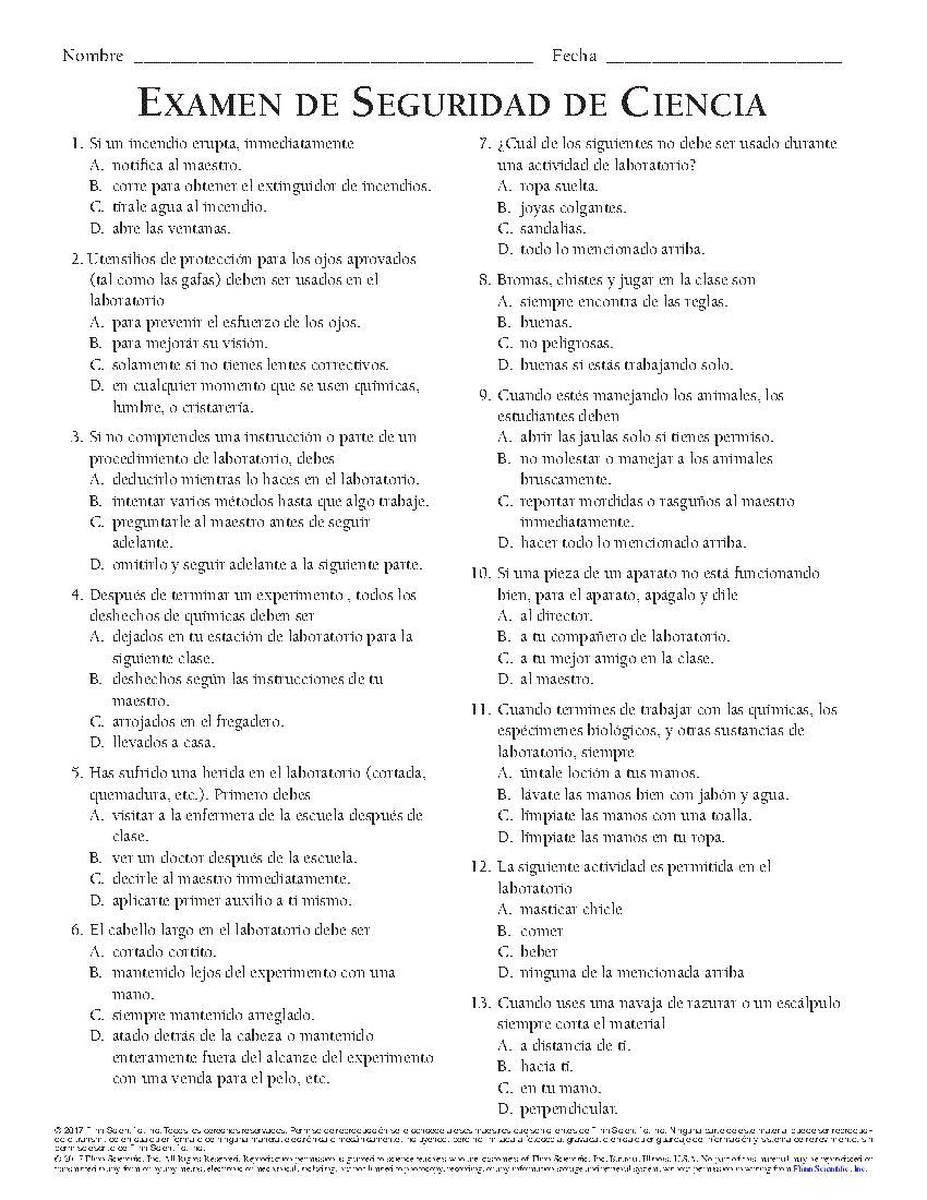 Middle School Safety Exam Spanish Flinn Scientific