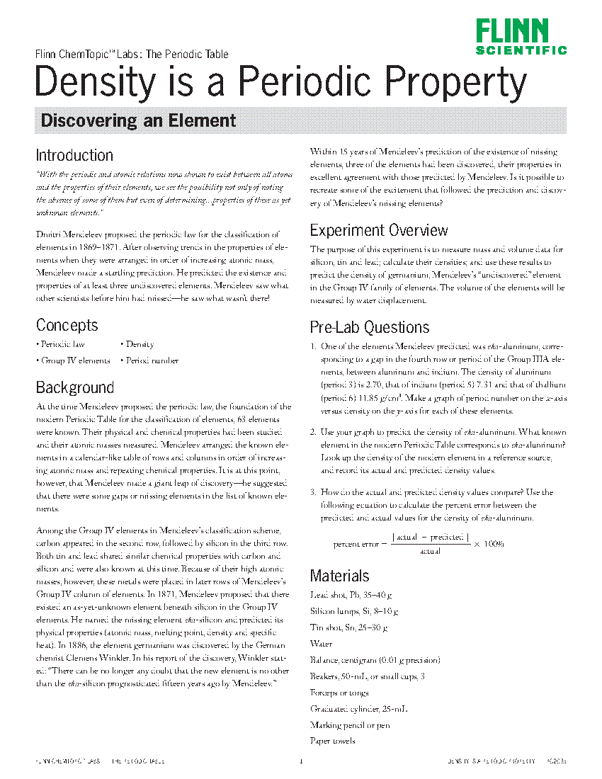 Density is a Periodic Property Discovering an Element—ChemTopic™ Lab