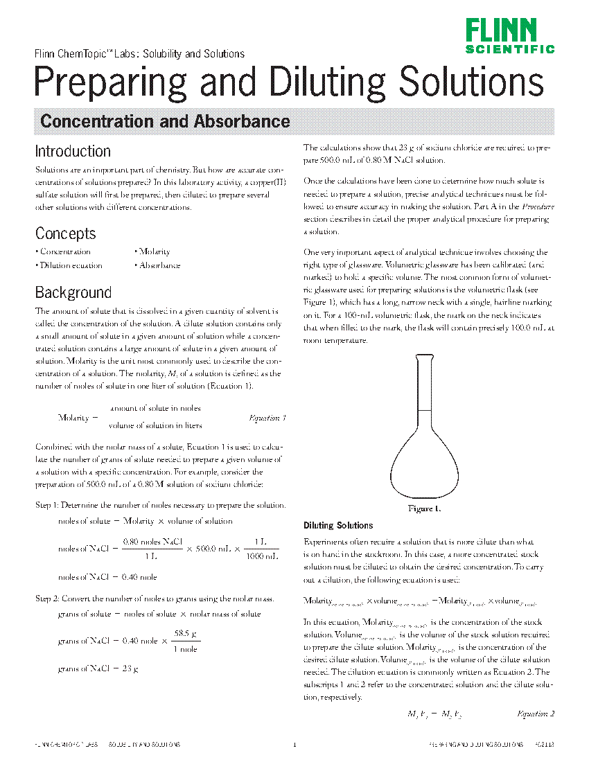Preparing and Diluting Solutions Concentration and Absorbance—ChemTopic™ Lab Activity Flinn