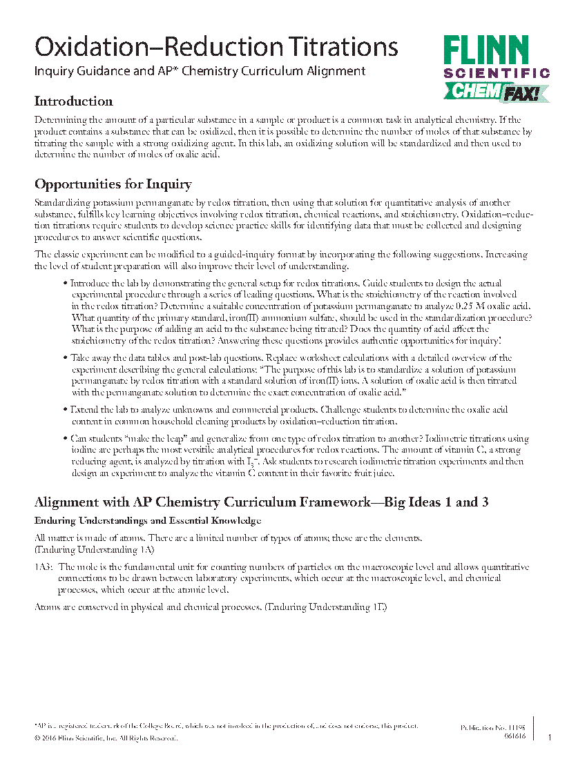 OxidationReduction Titrations Inquiry Guidance/AP* Chemistry